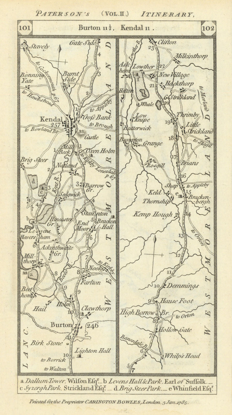 Burton-in-Kendal - Kendal - Shap - Melkinthorpe road strip map PATERSON 1785